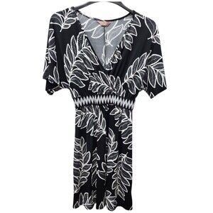 SJS Midi Dress Black White Palm Womens Small Smocked Waist Dolman Sleeves Boho